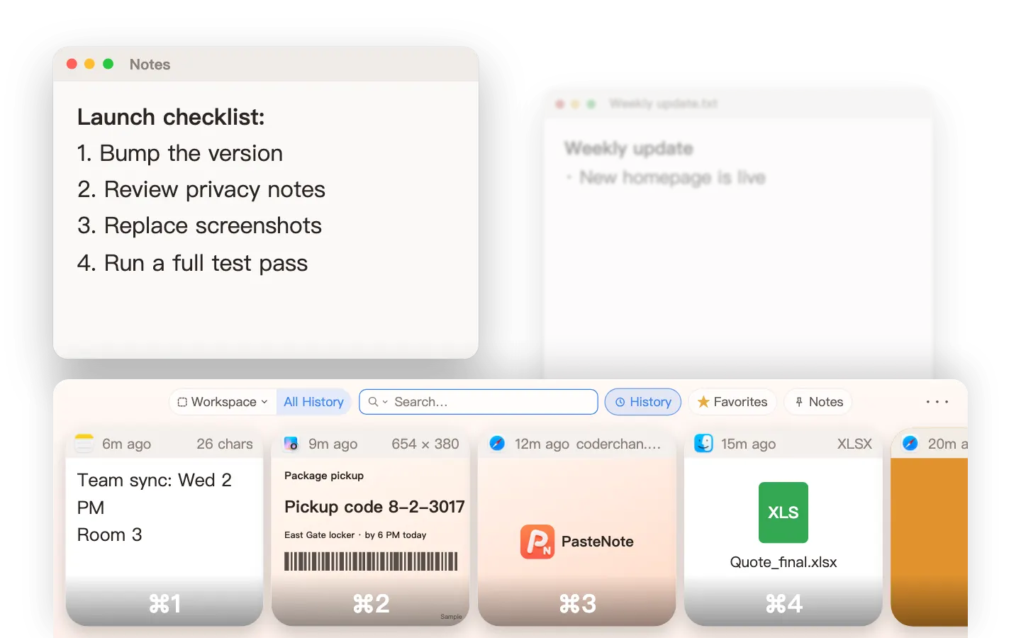 Copy a checklist in Notes and it is recorded automatically; press ⌘2 to pick the team sync info you copied earlier, then press ⌘V to paste it into a report