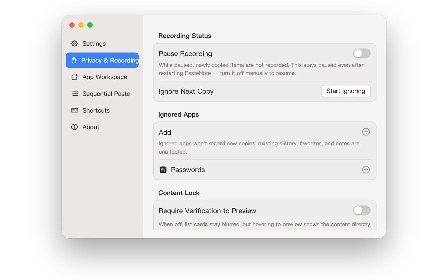 Pause Recording · Ignored Apps